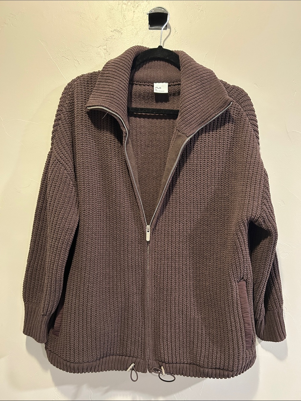 Zip-Front Chunky Knit Hoodie - Brown